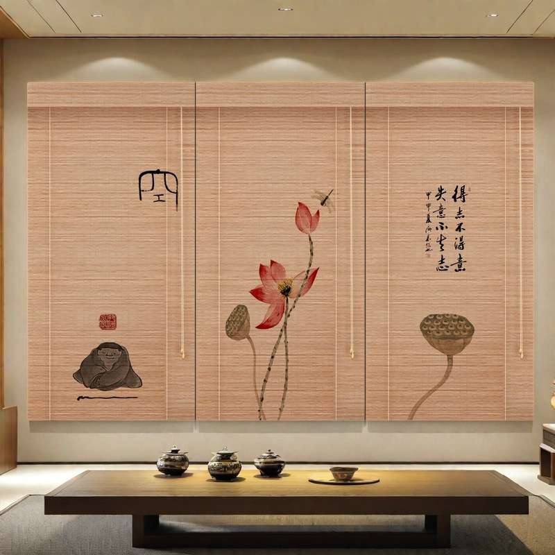 罗马帘新中式碳化竹窗帘竹卷帘玄关背景隔断茶室竹丝竹帘子竹编