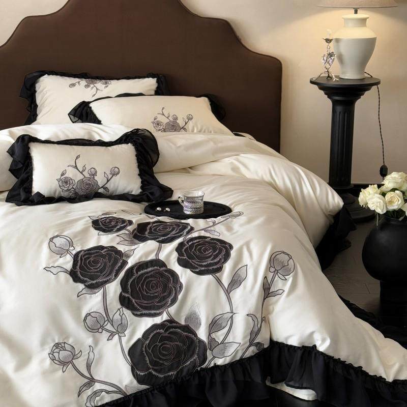 法式100S支复古玫瑰花卉刺绣公主风全棉长绒棉四件套纯棉床上用品