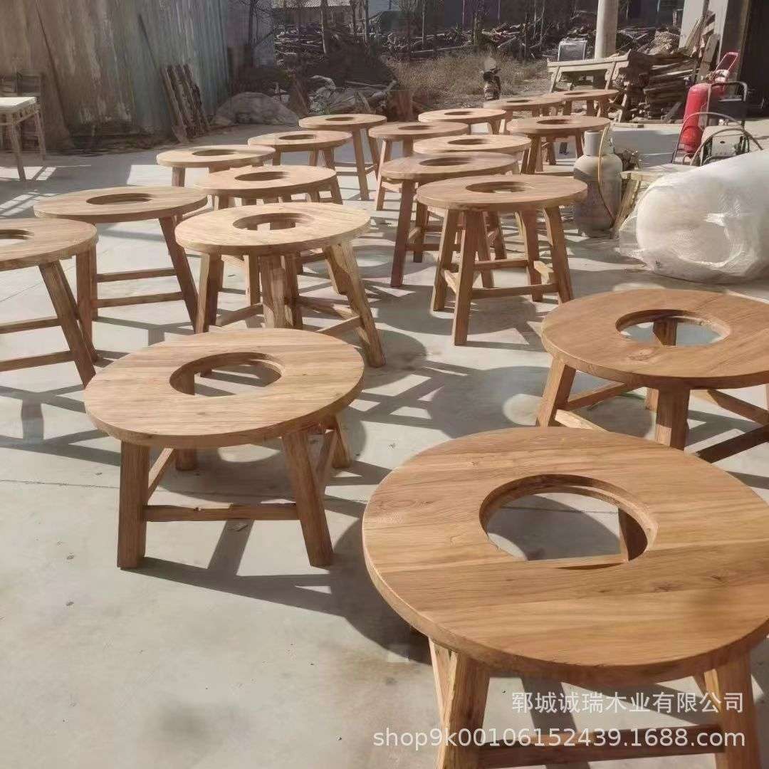 现货老榆木围炉煮茶小圆桌冬日户外烧烤火锅桌阳台实木围炉小茶桌