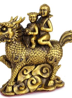 黄铜麒麟送子麒麟摆件麒麟驮男孩女孩一对金童玉女家居创意工艺品