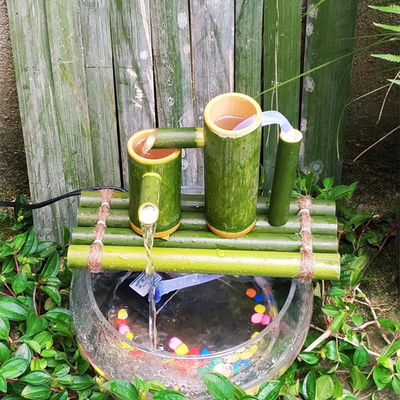 竹子流水器 石槽鱼缸鱼盆过滤竹排增氧器 水景喷泉摆件空气加湿器