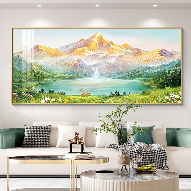 日照金山客厅装饰画沙发背景墙挂画风景山水画西墙聚宝盆手绘油画图片