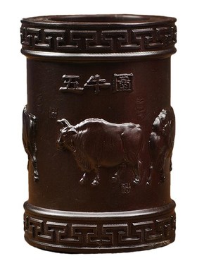 黑檀木雕五牛图笔筒摆件办公室桌面创意中式实木雕刻红木质工艺品