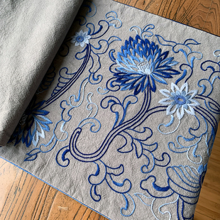 蓝莲手工DIY缝纫刺绣古风自绣桌布桌旗手绣材料包