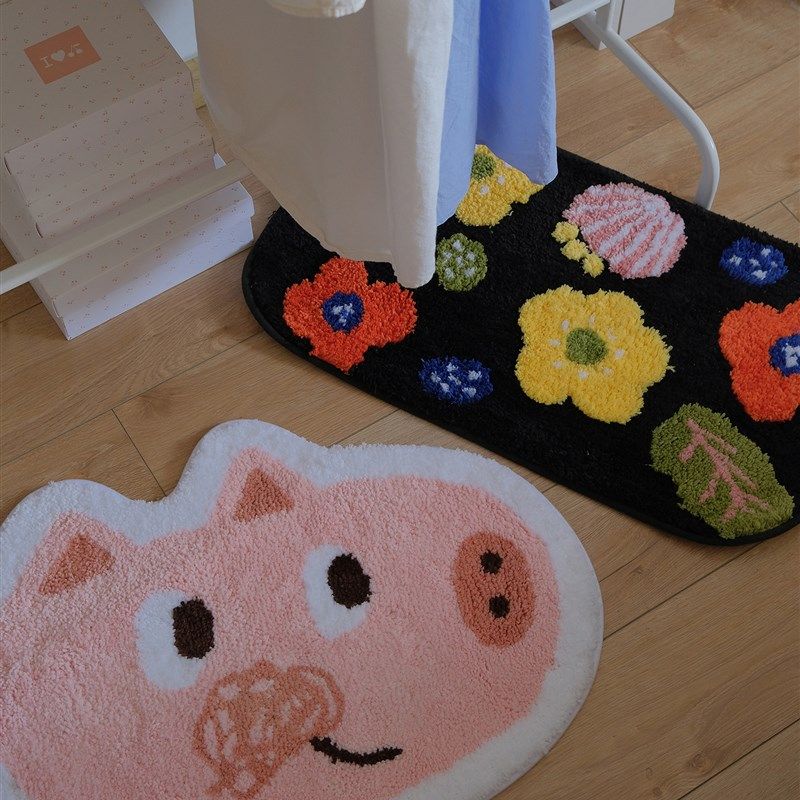 jobbo可爱猪猪花花植绒地垫卡通家用地毯 卧室床边防滑简约可机洗