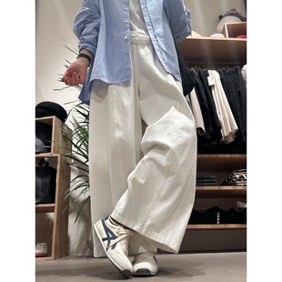 高腰宽松直筒休闲裤 欧式 薄款 女夏季 矮小个子九分水洗棉白色阔腿裤