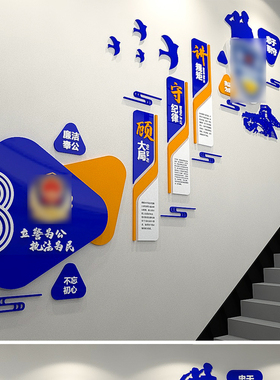 蓝色大气3D立体蓝色公安局楼梯警营文化墙效果图模板CDR/AI素材