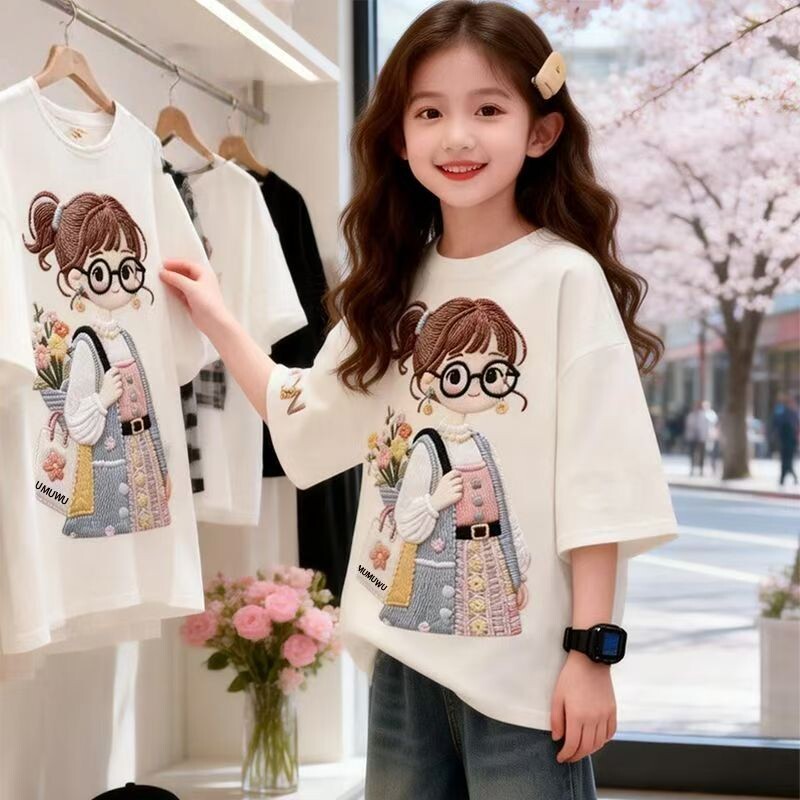纯棉夏季2026新款儿童短袖T恤放刺绣可爱卡通戴眼镜女孩T恤上衣