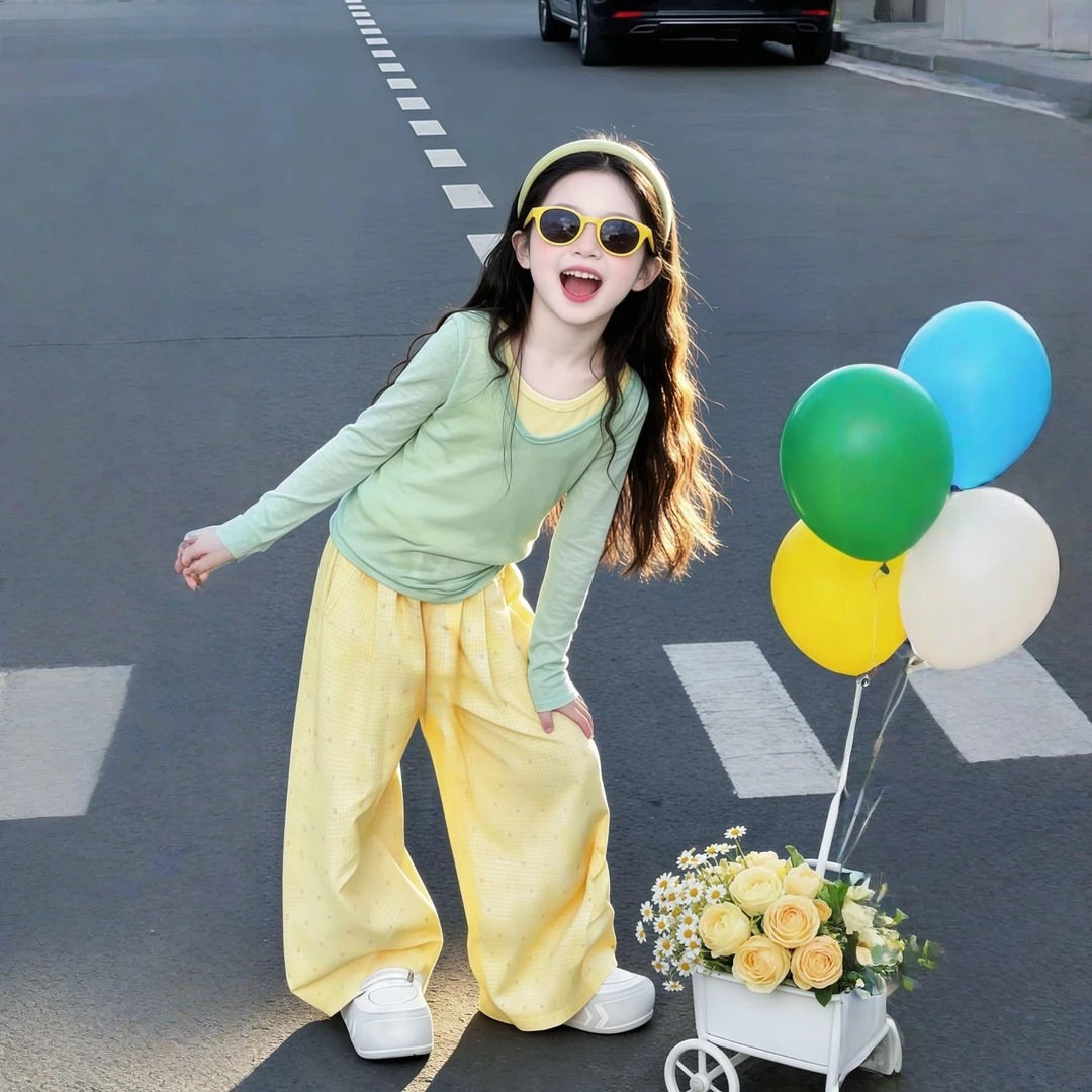 女童春季韩系穿搭2026新款多巴胺女孩长袖背心裤子三件套爆款针织