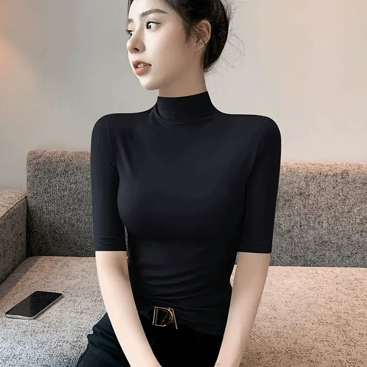 【专柜正品】半高领中袖五分袖t恤女夏季高档打底衣服女式短袖t恤