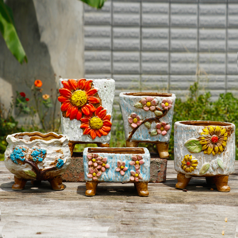 浮雕手工花盆 k陶瓷多肉花盆 老桩盆拼盘群生盆肉肉盆精美