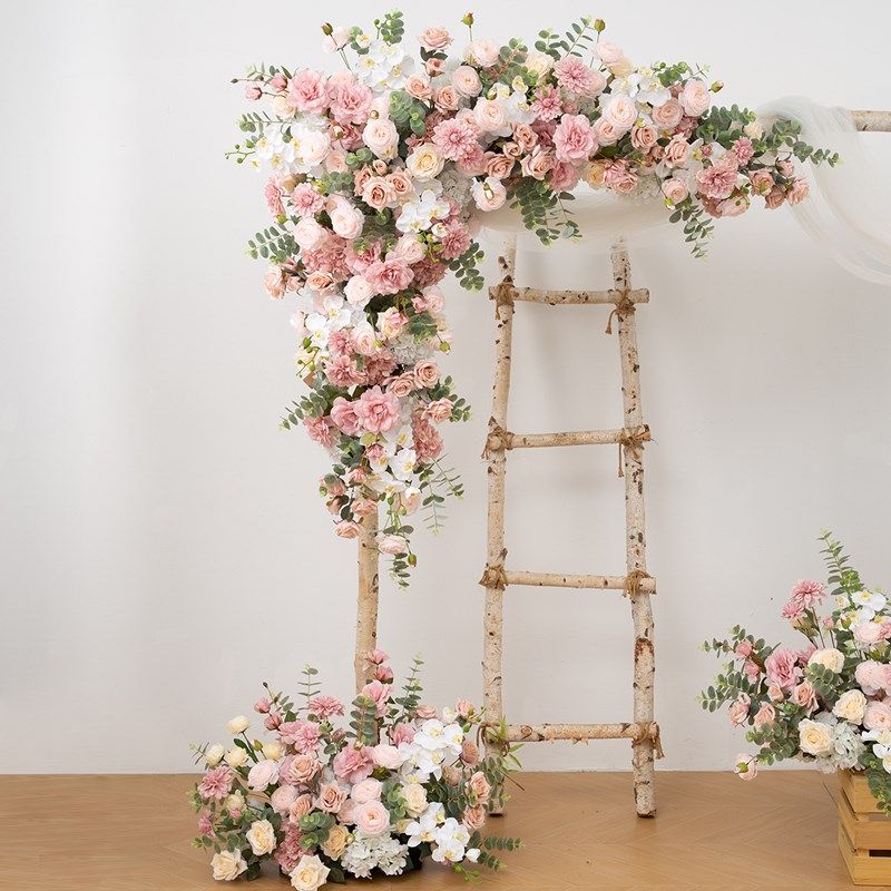 粉色拱门花艺定制婚礼背景壁挂花三角花排路引摆花迎宾区仿真花卉