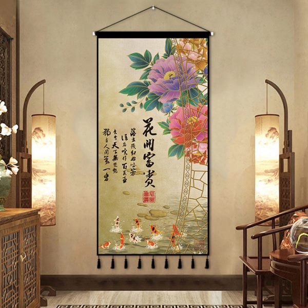 现代中式富贵牡丹布艺挂画定制竖版挂布背景布客厅玄关挂毯装饰画图片
