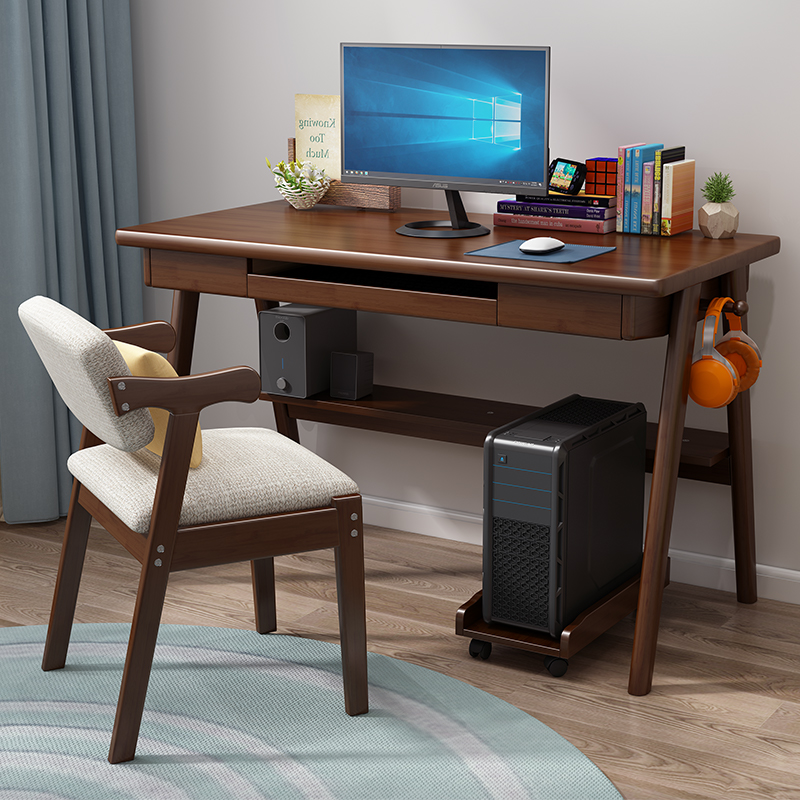 实木小户型台式电脑桌简约现代家用卧室书桌多功能收纳置物写字桌