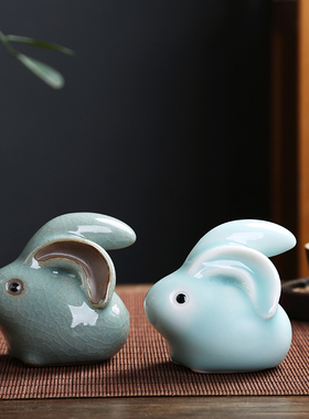 创意陶瓷小兔子摆件可爱小饰品玉兔招财十二生肖茶宠茶玩家居摆设