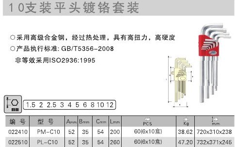 捷科JETECH公制特长平头内六角扳手10件套PM-C10/PL-C10 1.5-12mm