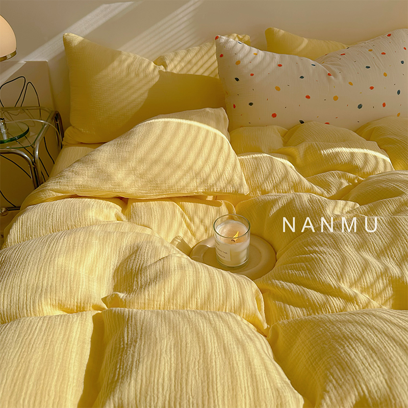 奶油芝士黄温暖氛围感A类全w棉双层皱纱四件套简约纯色1.8床笠款