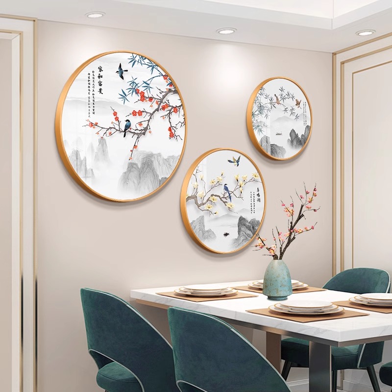 新中式餐厅墙面装饰画花鸟茶室背景墙挂画寓意客厅三联画圆形壁画图片