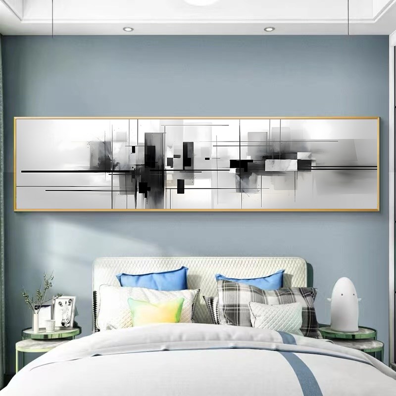 黑白灰卧室床头装饰画主卧房间背景墙高级感挂画设计师轻奢几何壁图片