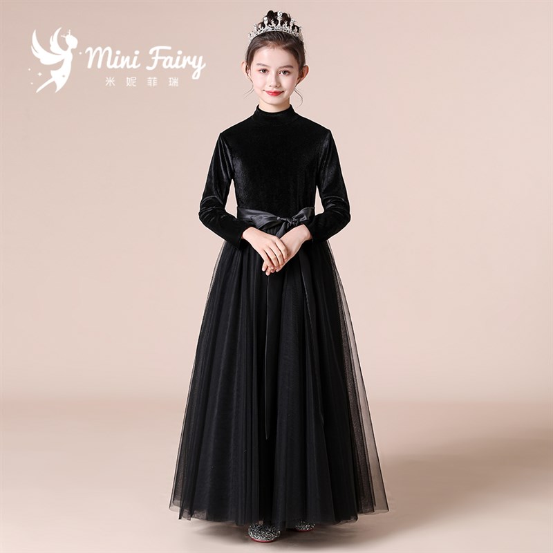 女童黑色秋冬丝绒耶诞晚礼服元旦乐团比赛演出服洋派钢琴演奏礼服
