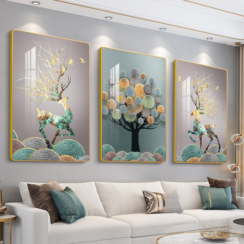 晶瓷画客厅画装饰沙发背景墙挂画镶钻三联画高级感壁画现代简约挂图片