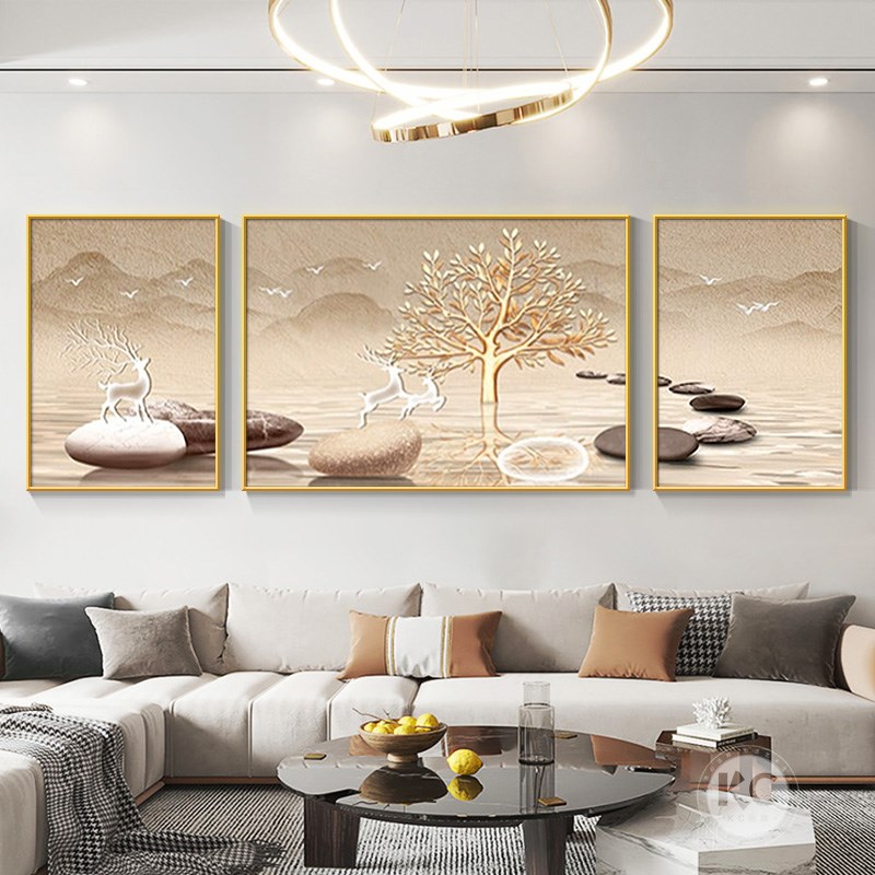 发财树现代轻奢客厅装饰画高级感沙发背景墙挂画新款山水壁画三联图片