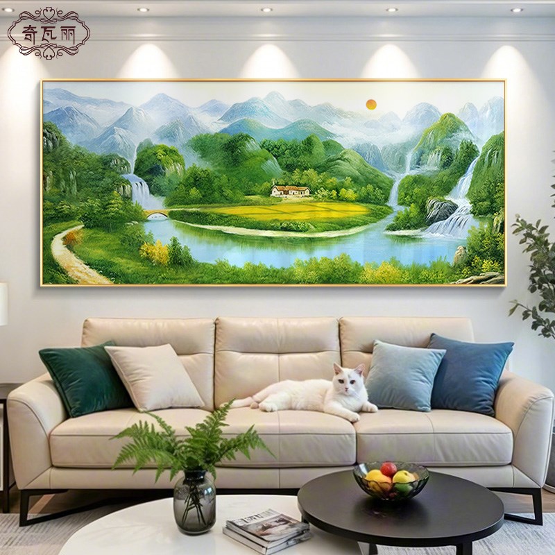 聚宝盆山水画客厅装饰画大气沙发背景墙挂画2025新款手绘油画壁画图片