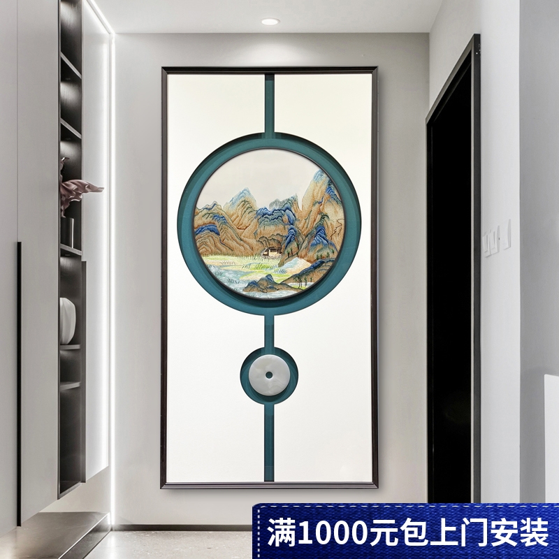 玄关装饰画新中式刺绣实木框苏绣走廊千里江山鸿运当头立体框挂画图片
