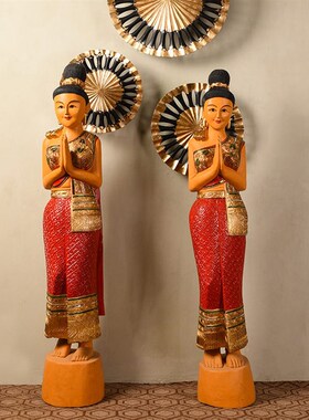 泰国工艺品 东南亚木雕迎宾女萨瓦蒂装饰摆件 玄关门厅站佛摆设