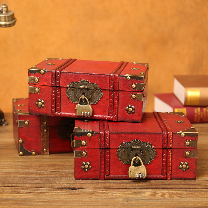 复古木盒收纳盒带锁储物密码盒子证件大号木质小箱子儿童百宝箱