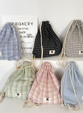 53232 新款时尚潮流抽绳双肩包串珠夏天格纹帆布双肩包简约通勤