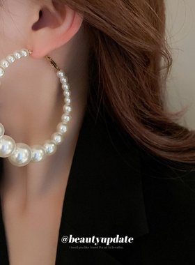 银针超大珍珠耳环法式时尚高级感气质耳圈复古夸张新款耳饰 女