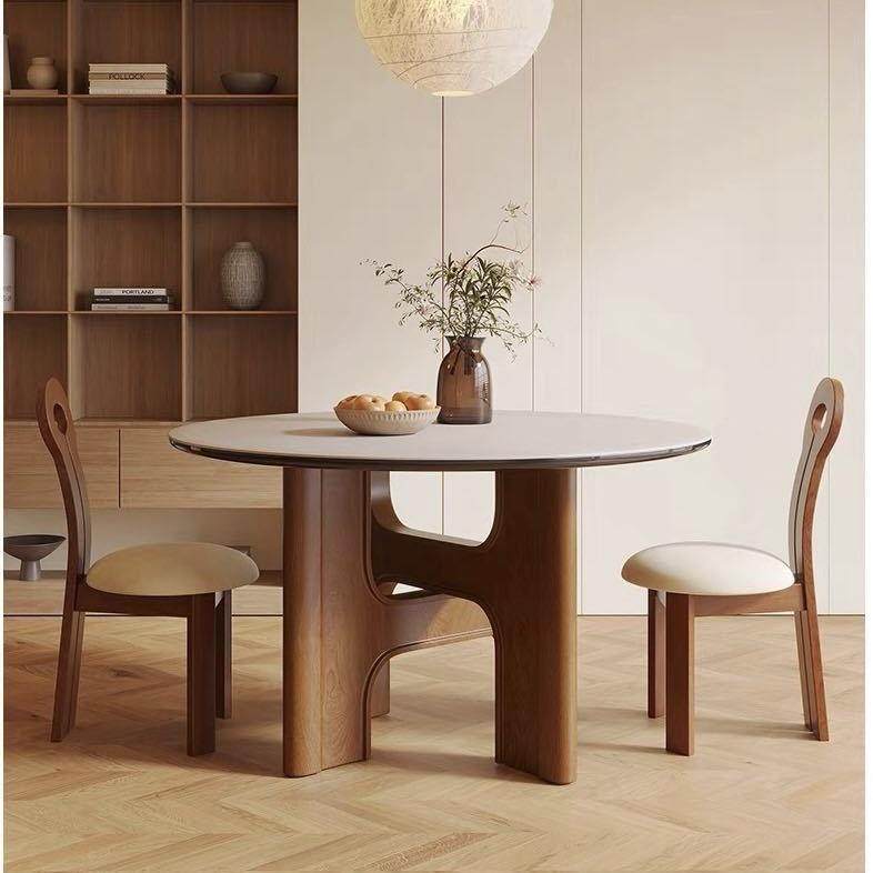 法式洞石岩板圆桌实木餐桌防水耐磨防刮小户型圆形饭桌子餐厅家具