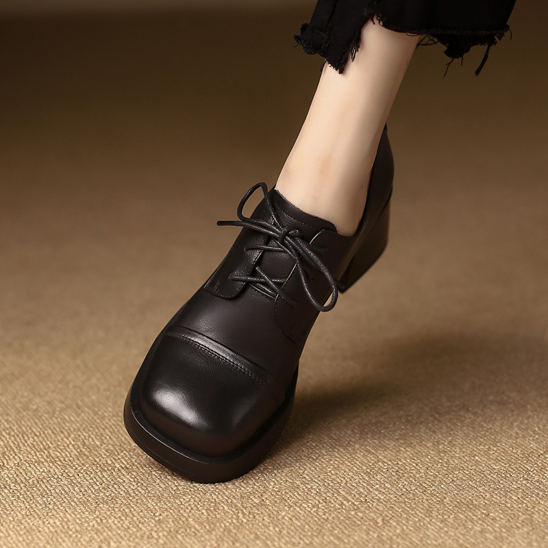 2024春新款真皮厚底复古系带小皮鞋女粗跟松糕底圆头擦Y色英伦单