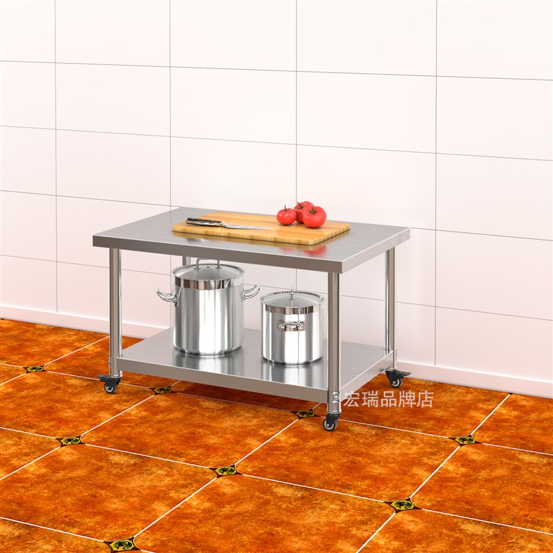 不锈钢工作e台加厚双层家用可移动打包桌子厨房操作台带轮车间推