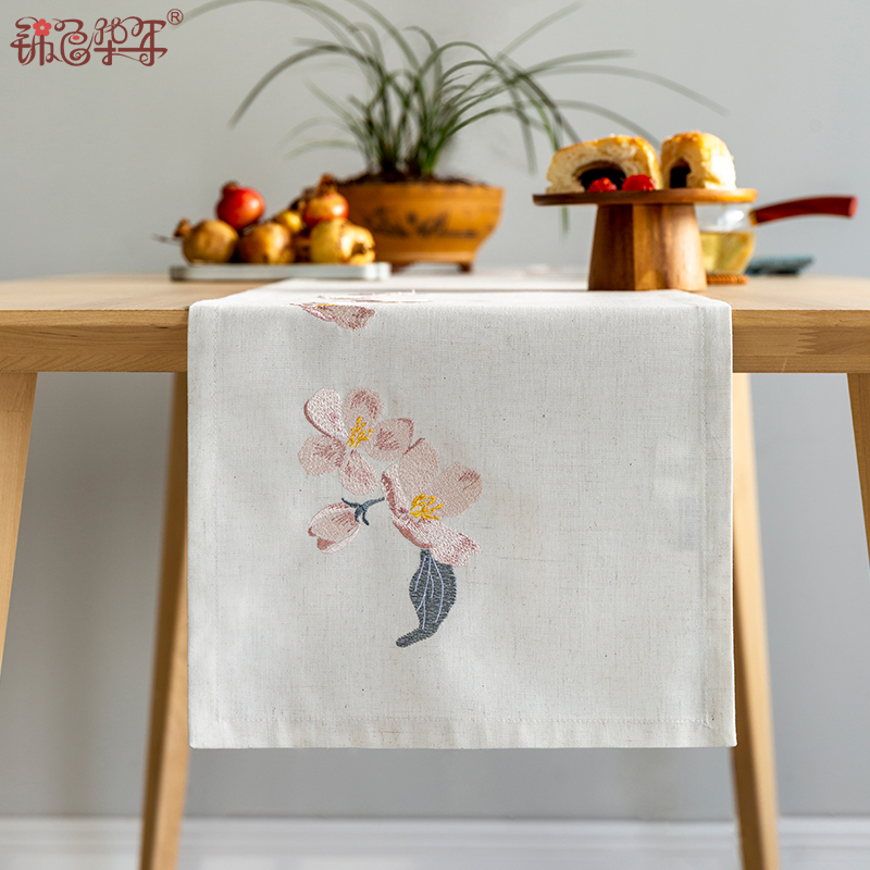 日式干泡茶e旗禅意棉麻布艺茶席新中式亚麻绣花桌旗茶几电视柜盖