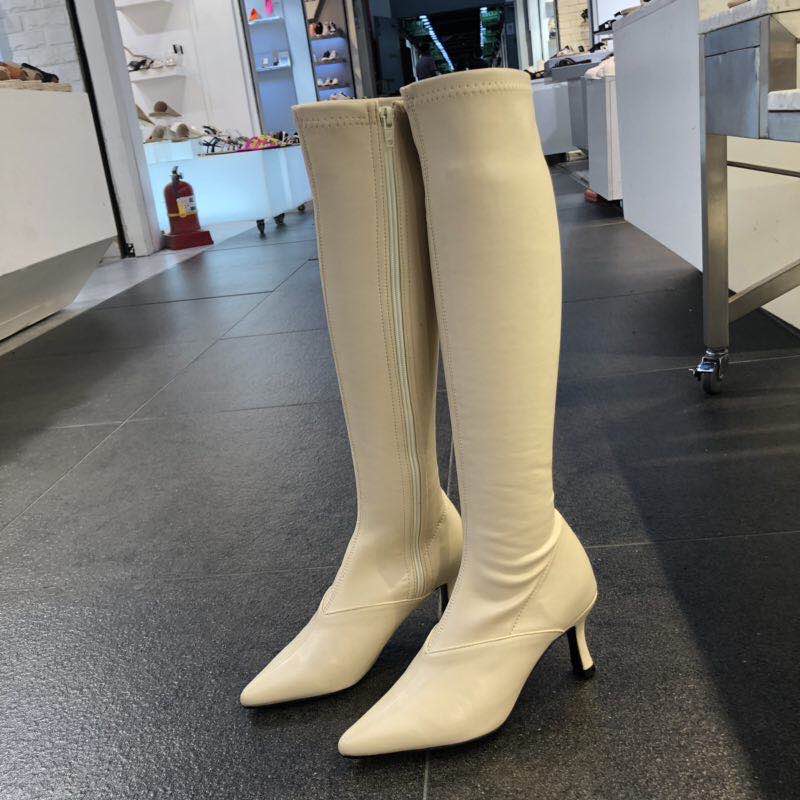 白色尖头细跟西h部牛仔靴2021高筒不过膝长靴显瘦真皮长筒马丁靴