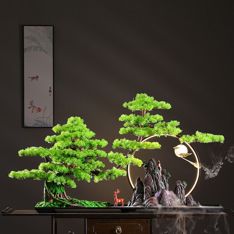 仿真迎客松摆件造景绿植假山景观创意家居客厅玄关禅意装饰新中式
