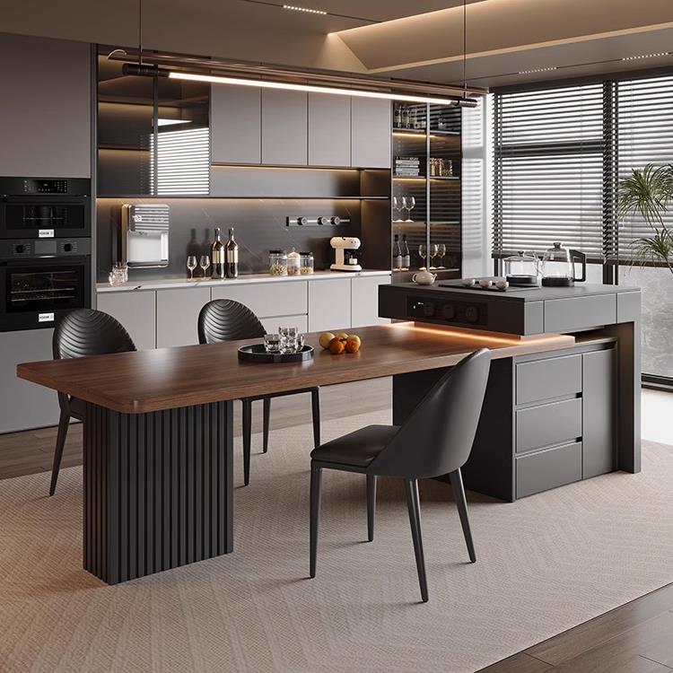 高端意式岛台餐桌一体黑胡桃木纹岩板餐桌家用可伸缩多功能中导台