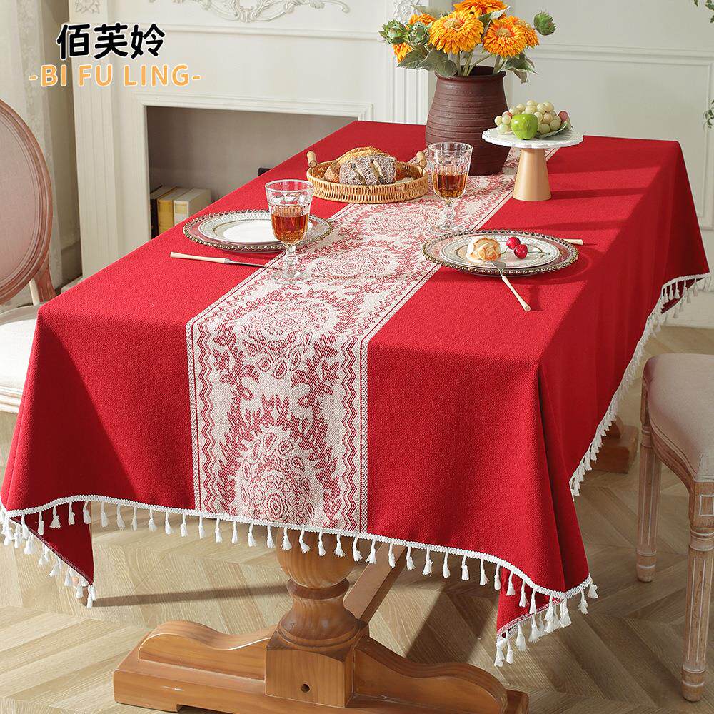 喜庆结婚桌布红色自带桌旗婚庆婚房布置装饰长方形订婚茶几布现货