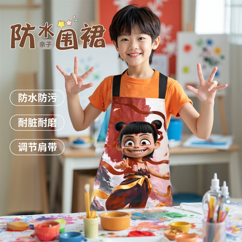 哪吒卡通可爱围腰m无袖上班围裙厨房家用做饭罩衣防水工作服餐饮