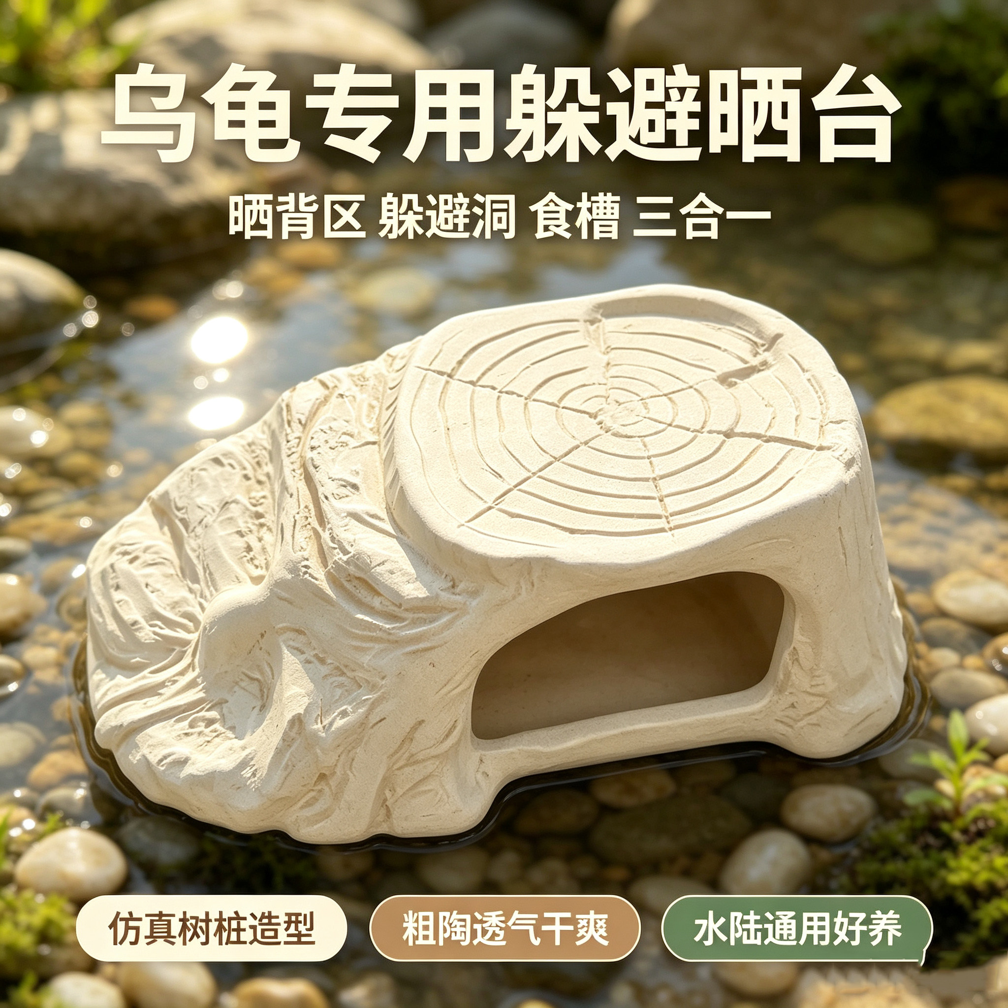 乌龟晒台躲避屋天然陶土爬台睡觉窝养龟专用缸缓坡栖息台躲避屋