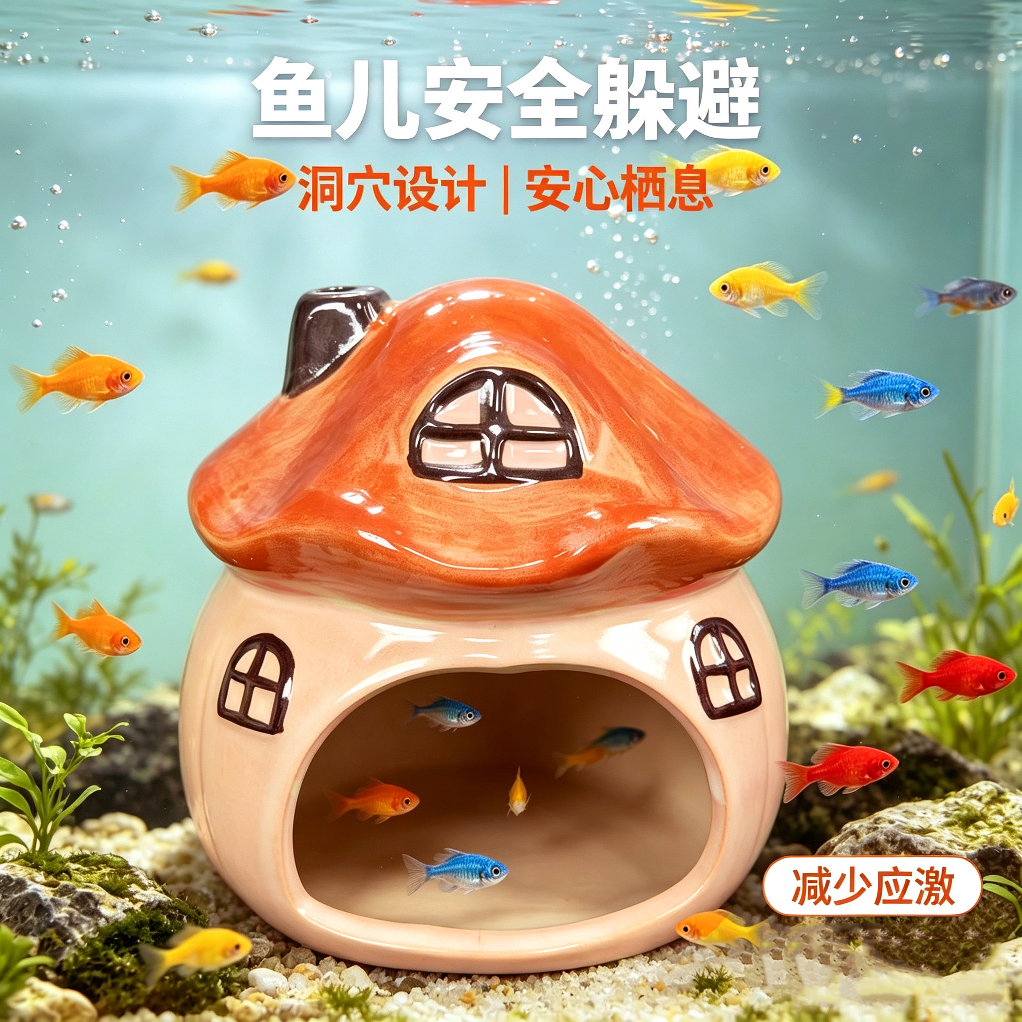 鱼缸蘑菇屋摆件陶罐躲避洞创意陶瓷套餐装饰屋造景奇幻蘑菇躲避屋