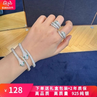 灵蛇手镯女绿眼蛇形开口镯银手环个性 轻奢ins潮送女友气质送礼物