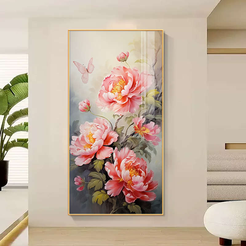 新款富贵牡丹花装饰画入户玄关正对D门走廊挂画现代简约高档墙壁图片