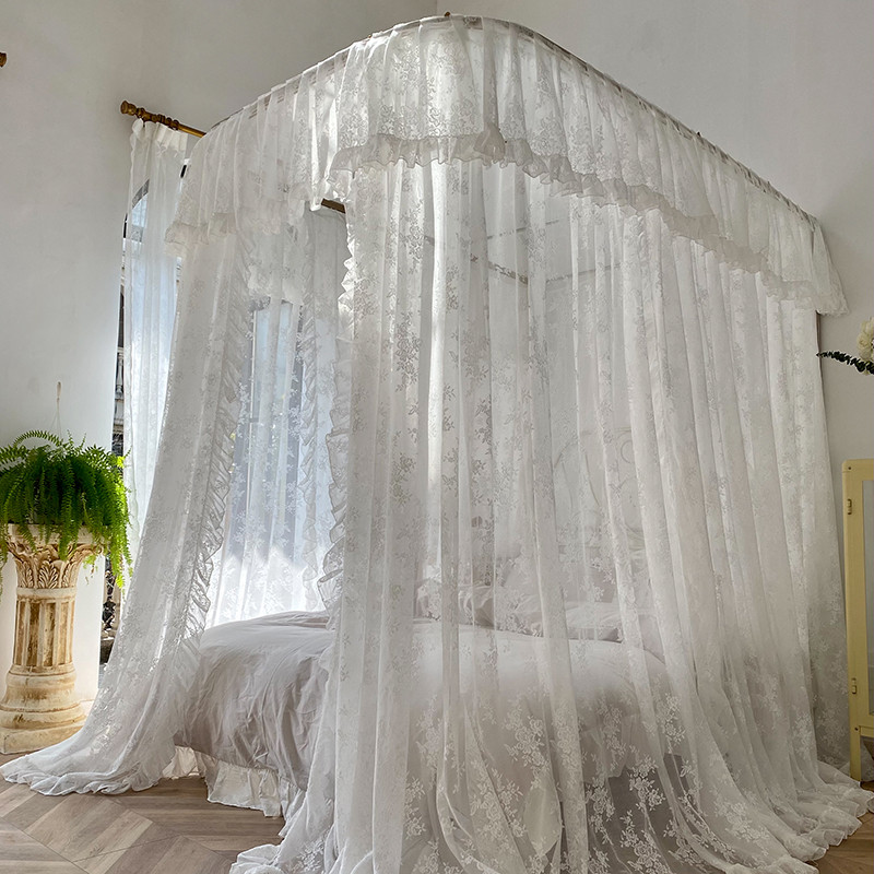 家用U型导轨蕾丝公主风蚊帐加密加厚遮光防尘三开门带可升降支架