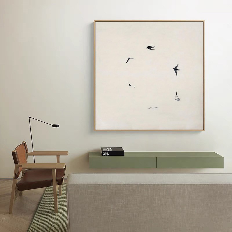 现代极简艺术装饰画抽象飞鸟正方形画客厅沙发背景墙餐厅卧室挂画图片