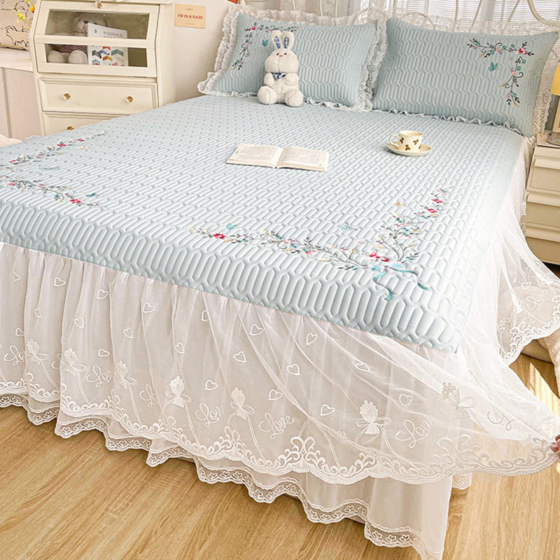 A类公主风乳胶凉席床裙款冰感丝席蕾丝刺绣可折叠夏天空调软席子