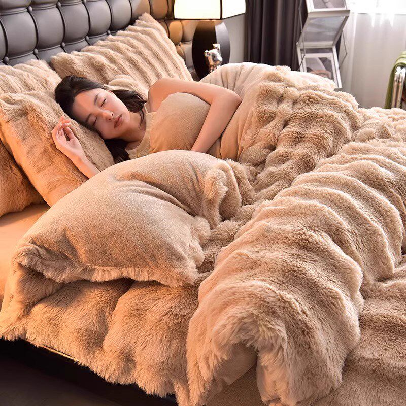 渐变色兔兔毛绒四件套牛奶珊瑚绒床单被套K冬季新款法兰绒床上用