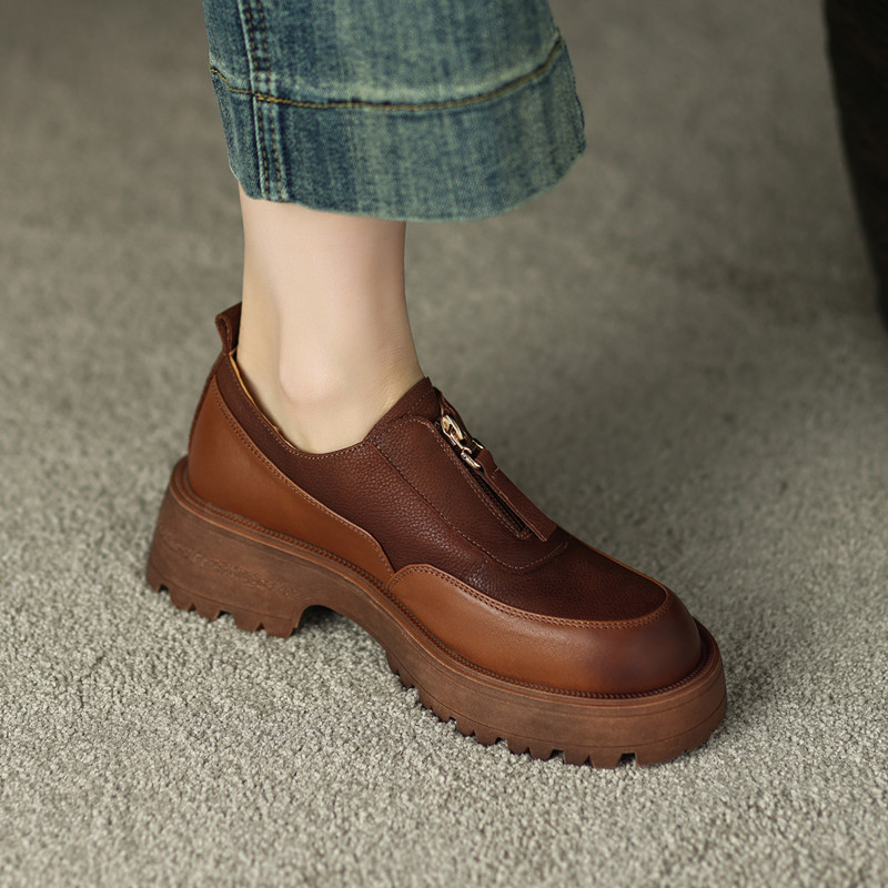 2023春季新款真皮厚底拼色前拉炼小皮鞋女坡跟松糕底Y复古擦色单